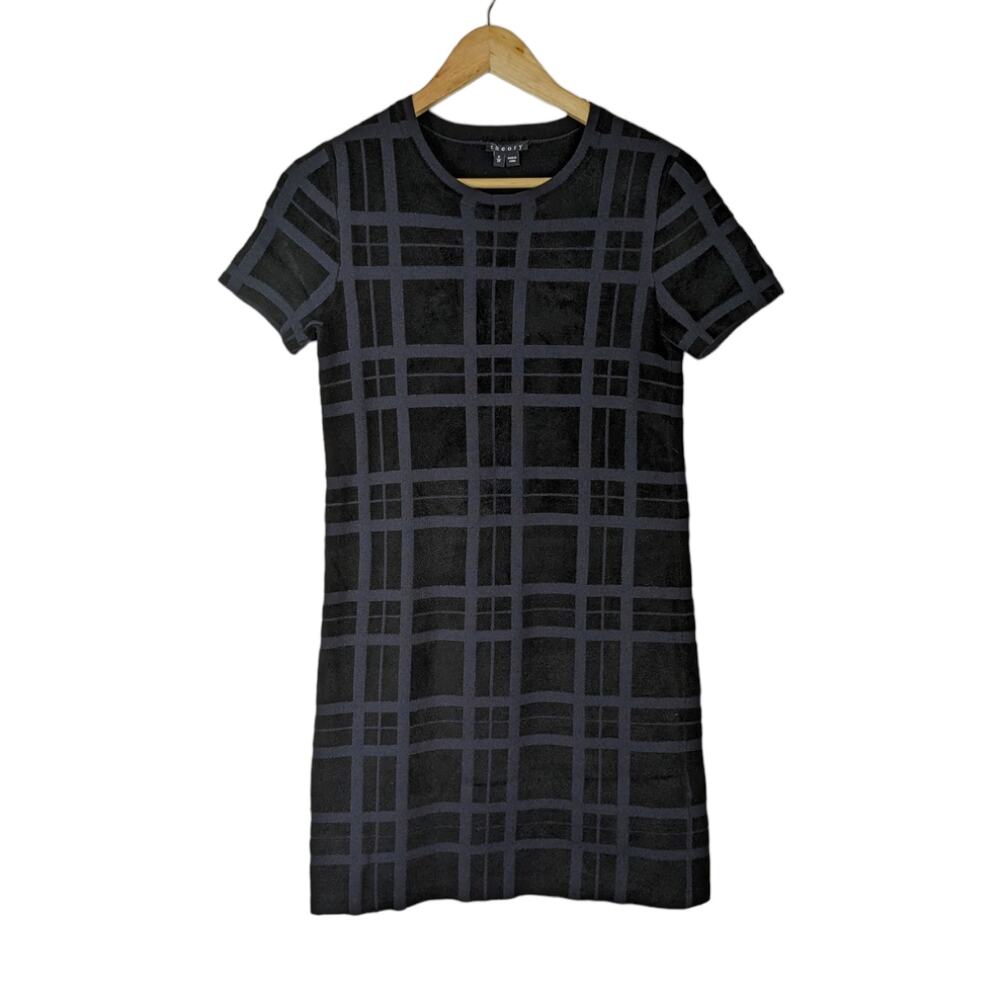 Theory Womens Dress XS Small Black Grid Plaid Textured Knit Short Sleeve Mini